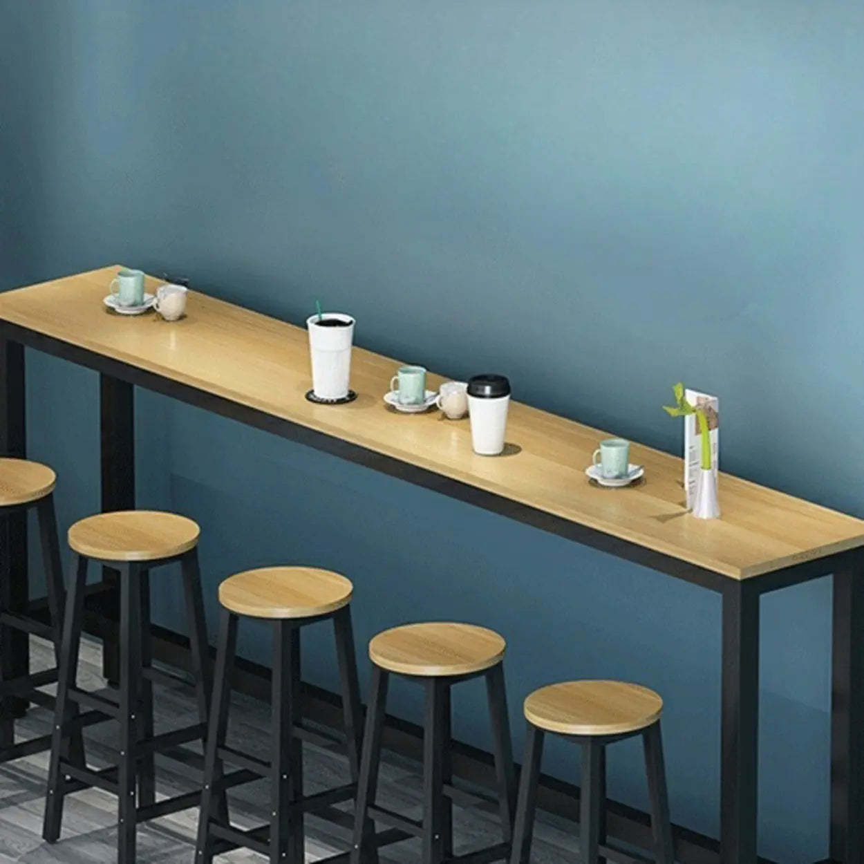 Rectangular Wood Bar Table with Footrest — Black