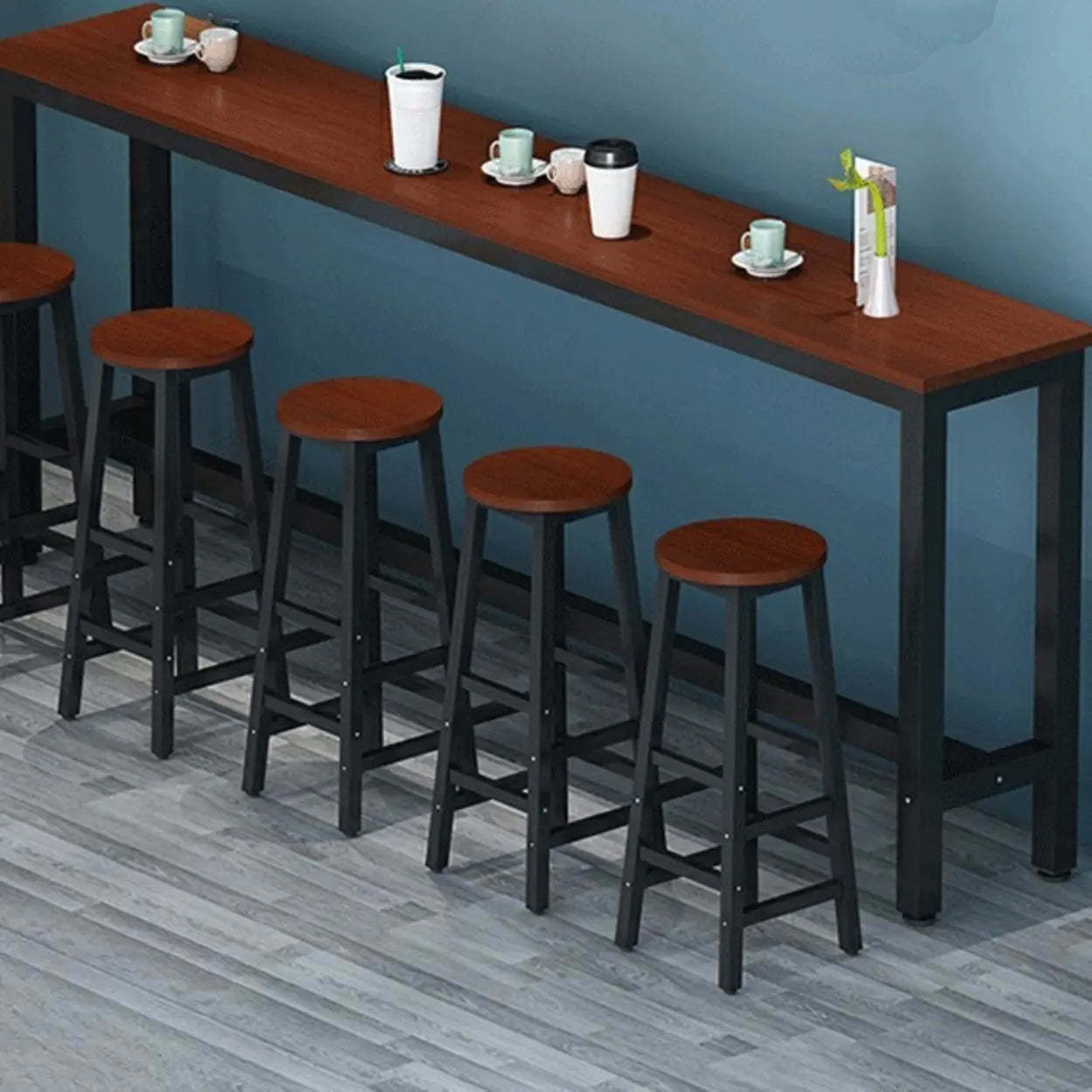 Rectangular Wood Bar Table with Footrest — Black