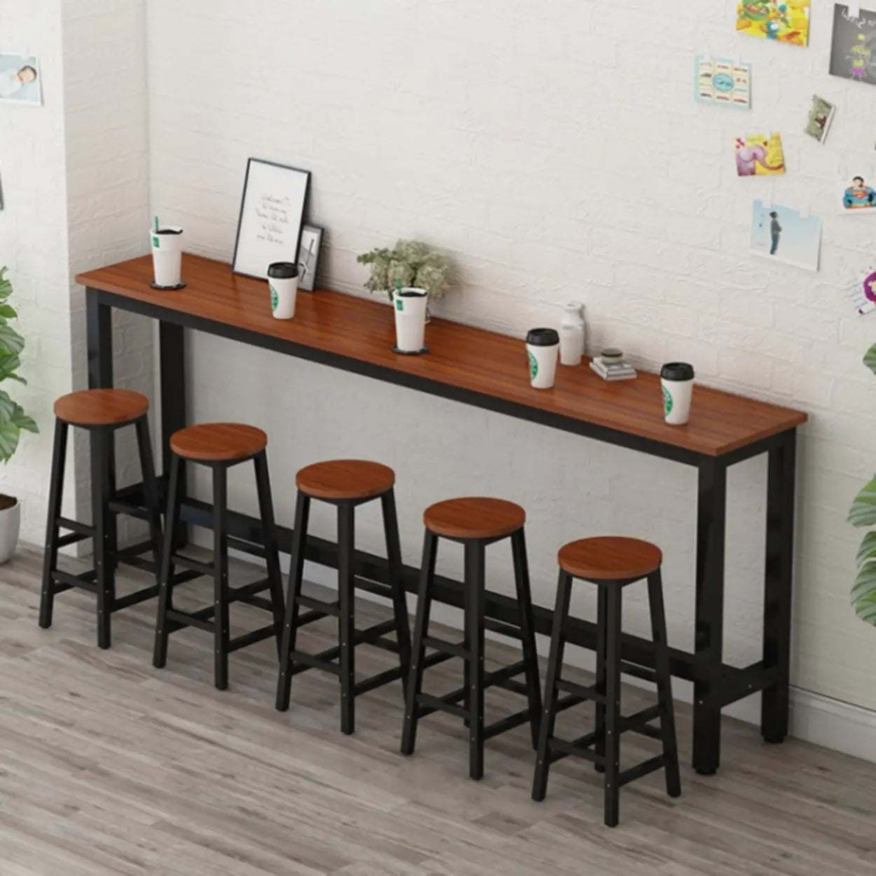 Rectangular Wood Bar Table with Footrest — Black