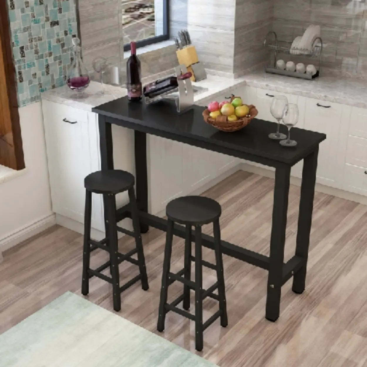 Rectangular Wood Bar Table with Footrest — Black