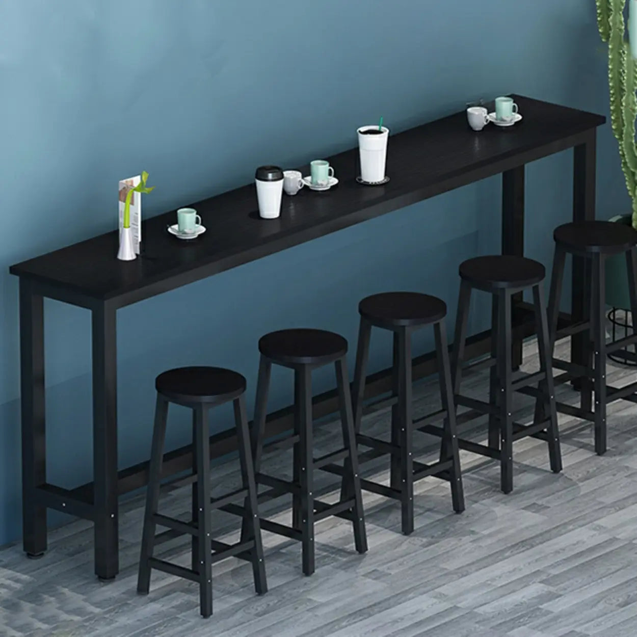 Rectangular Wood Bar Table with Footrest — Black