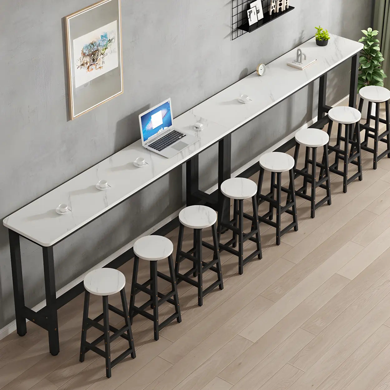 White Wood Steel Long Bar Table with Footrest — Table Only