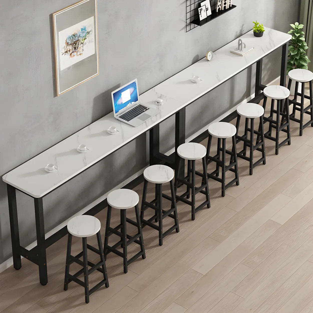 White Wood Steel Long Bar Table with Footrest — Table Only