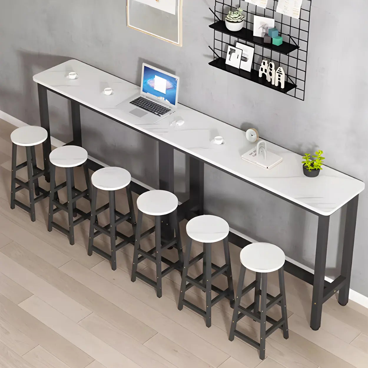 White Wood Steel Long Bar Table with Footrest — Table Only