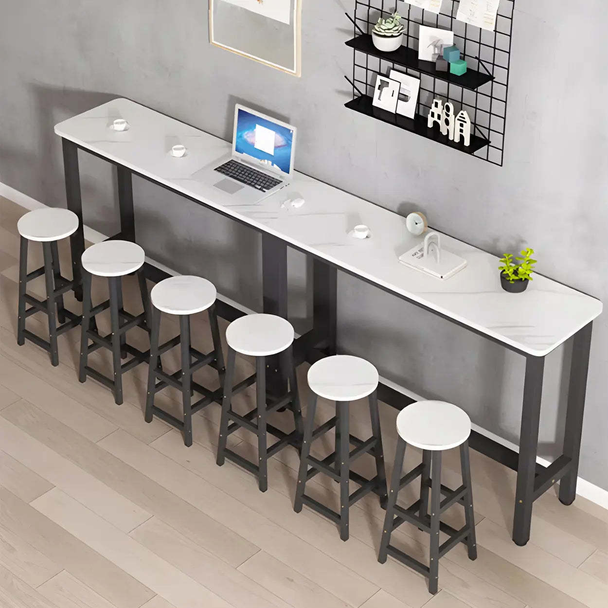 Modern footrest long white steel bar tables, Lighom — 102" L x 14" W x 39" H
