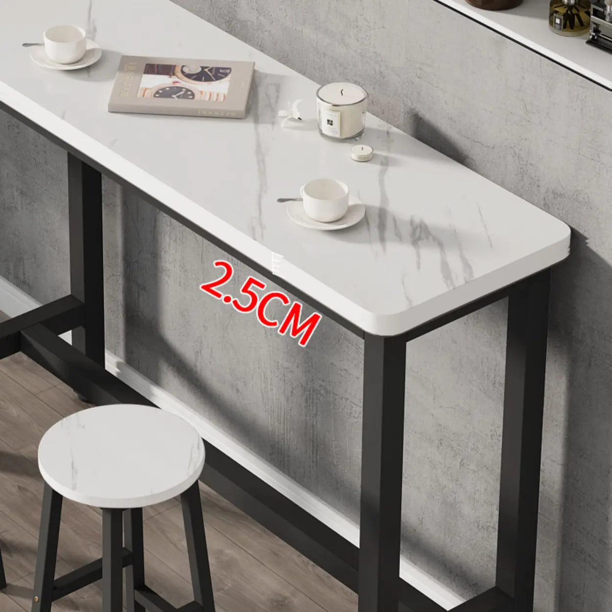 White Wood Steel Long Bar Table with Footrest — Table Only