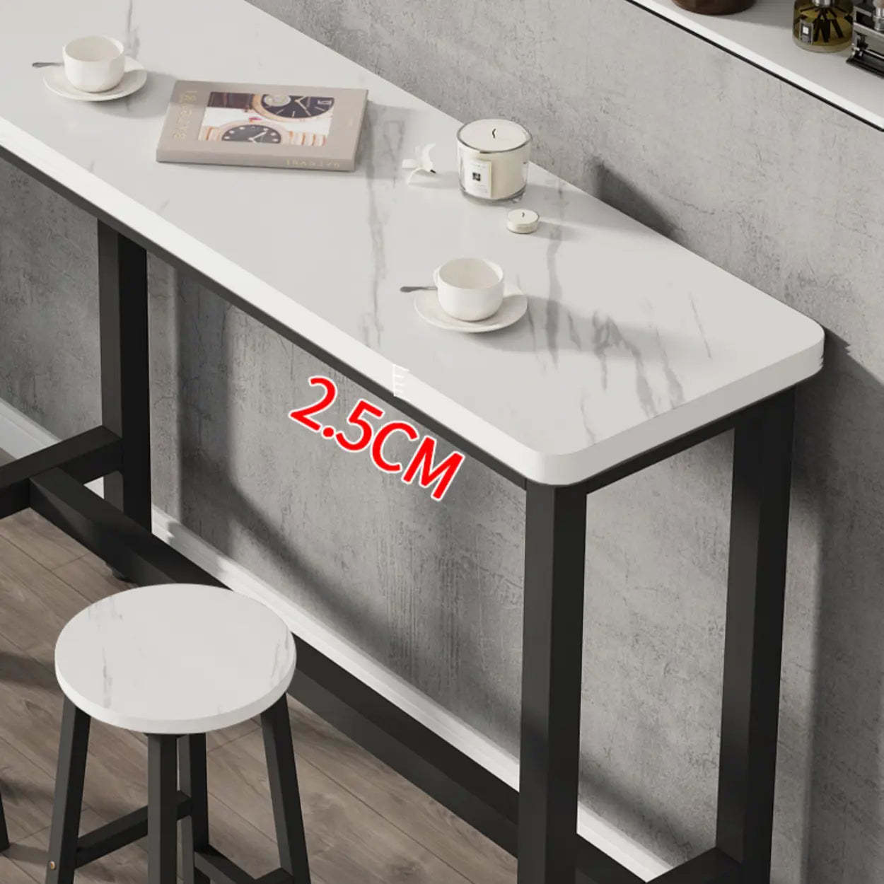 White Wood Steel Long Bar Table with Footrest — Table Only