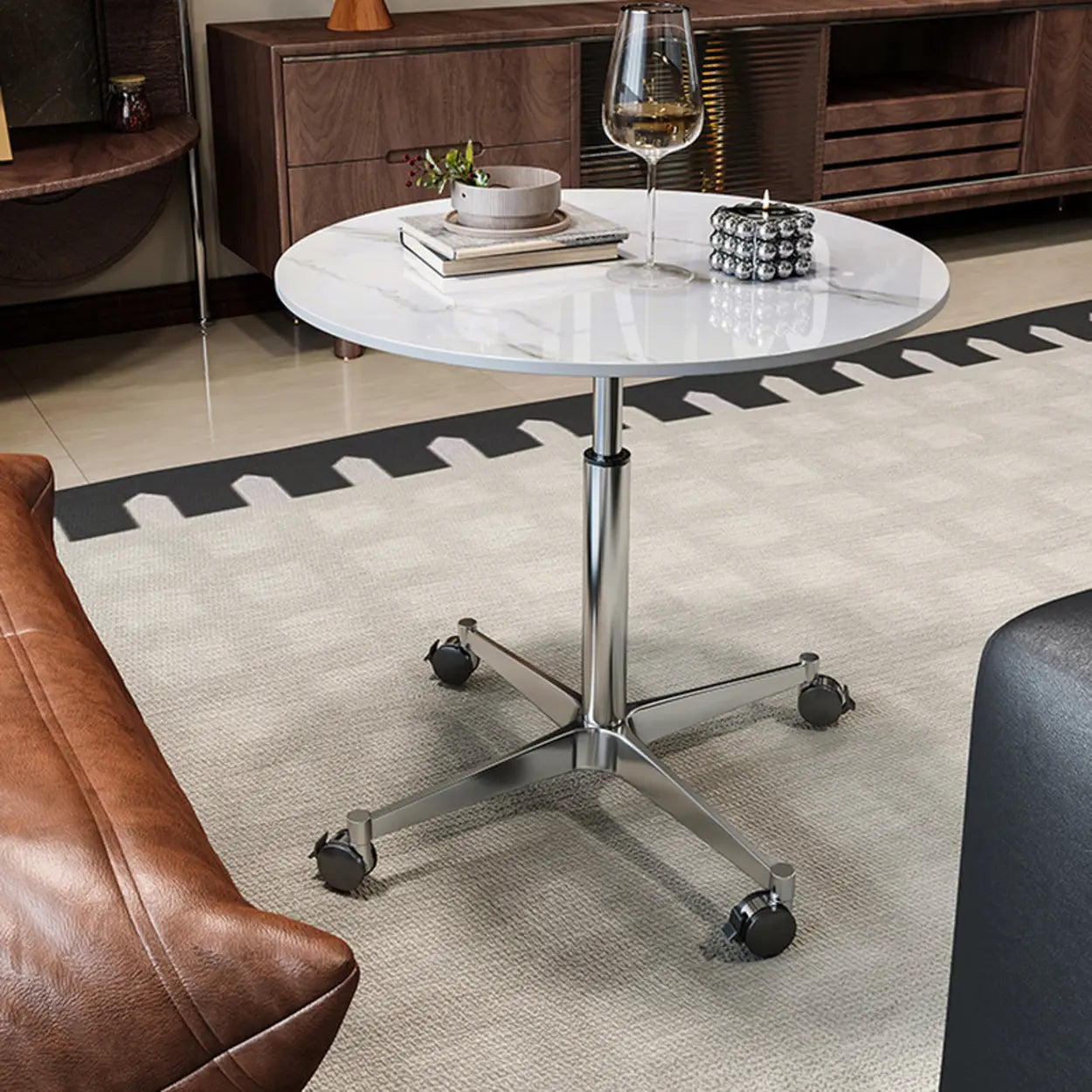 White Round Adjustable Stone Rolling Side Table