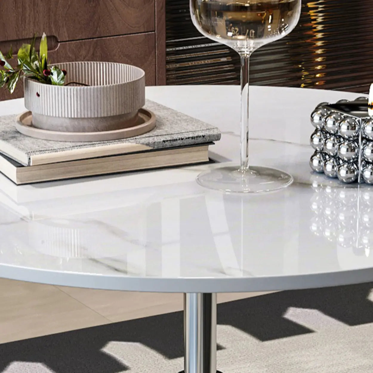 White Round Adjustable Stone Rolling Side Table