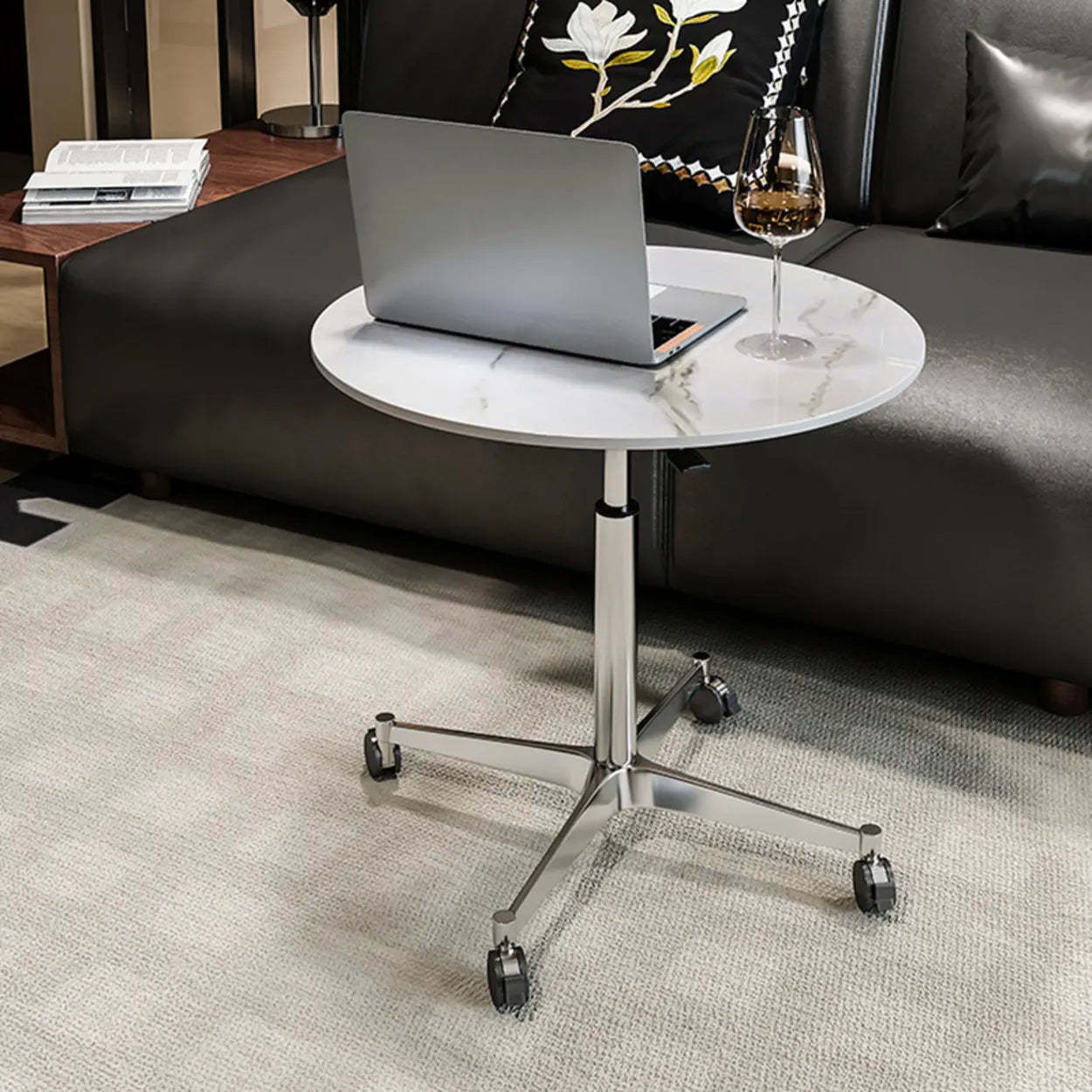 White Round Adjustable Stone Rolling Side Table