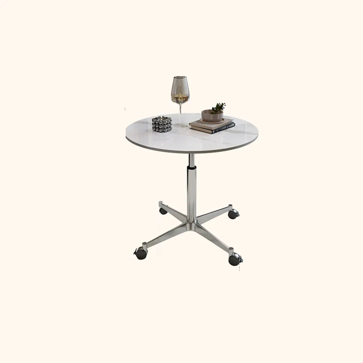White Round Adjustable Stone Rolling Side Table — White