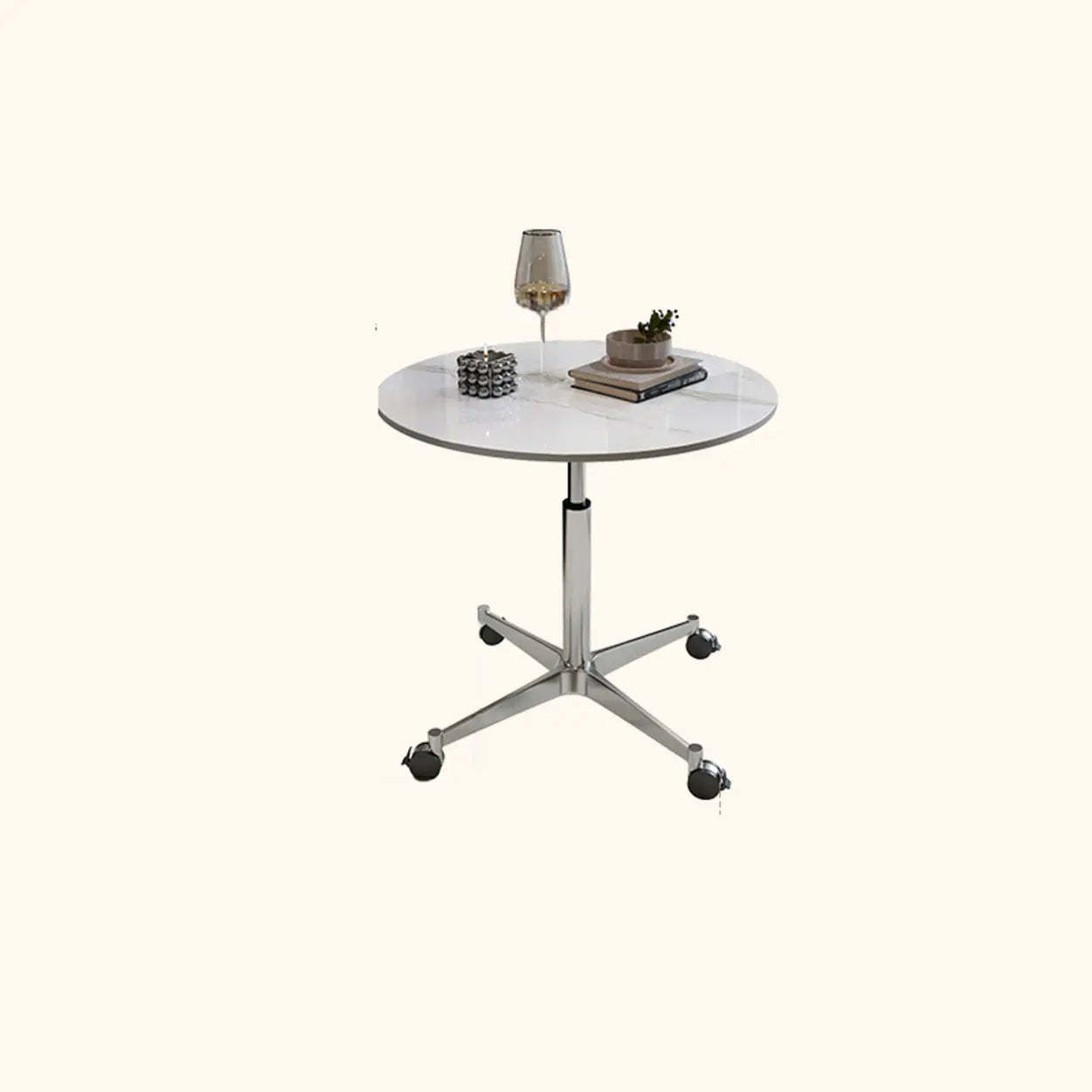 White Round Adjustable Stone Rolling Side Table — White