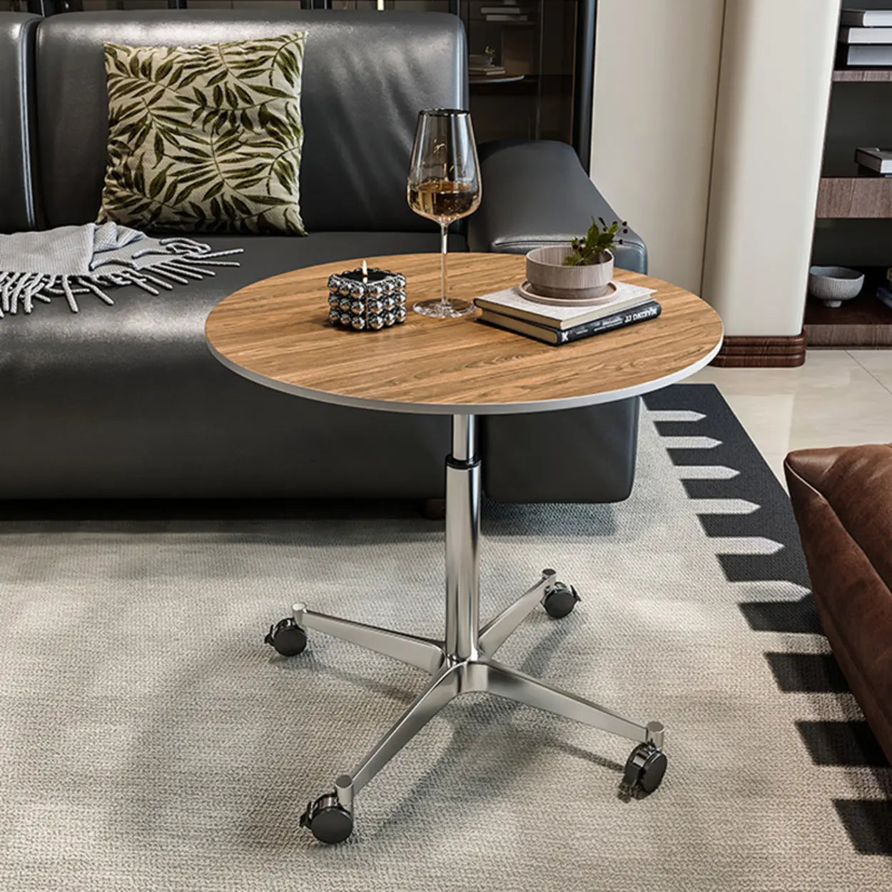 White Round Adjustable Stone Rolling Side Table — Black