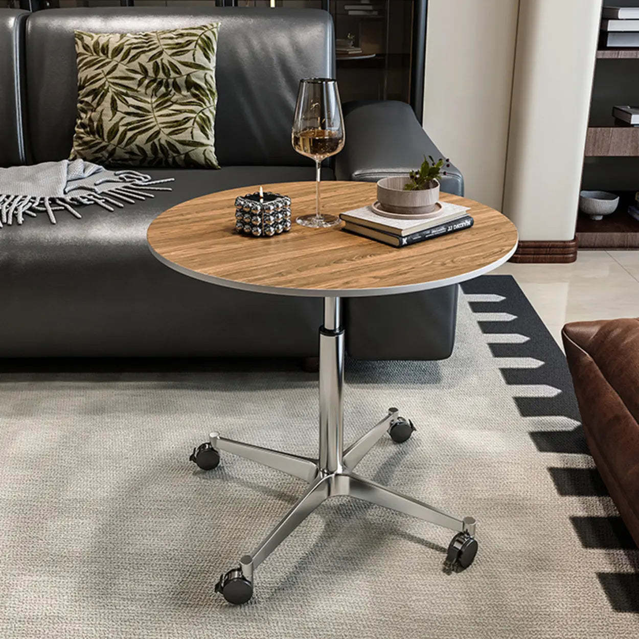 White Round Adjustable Stone Rolling Side Table — Black