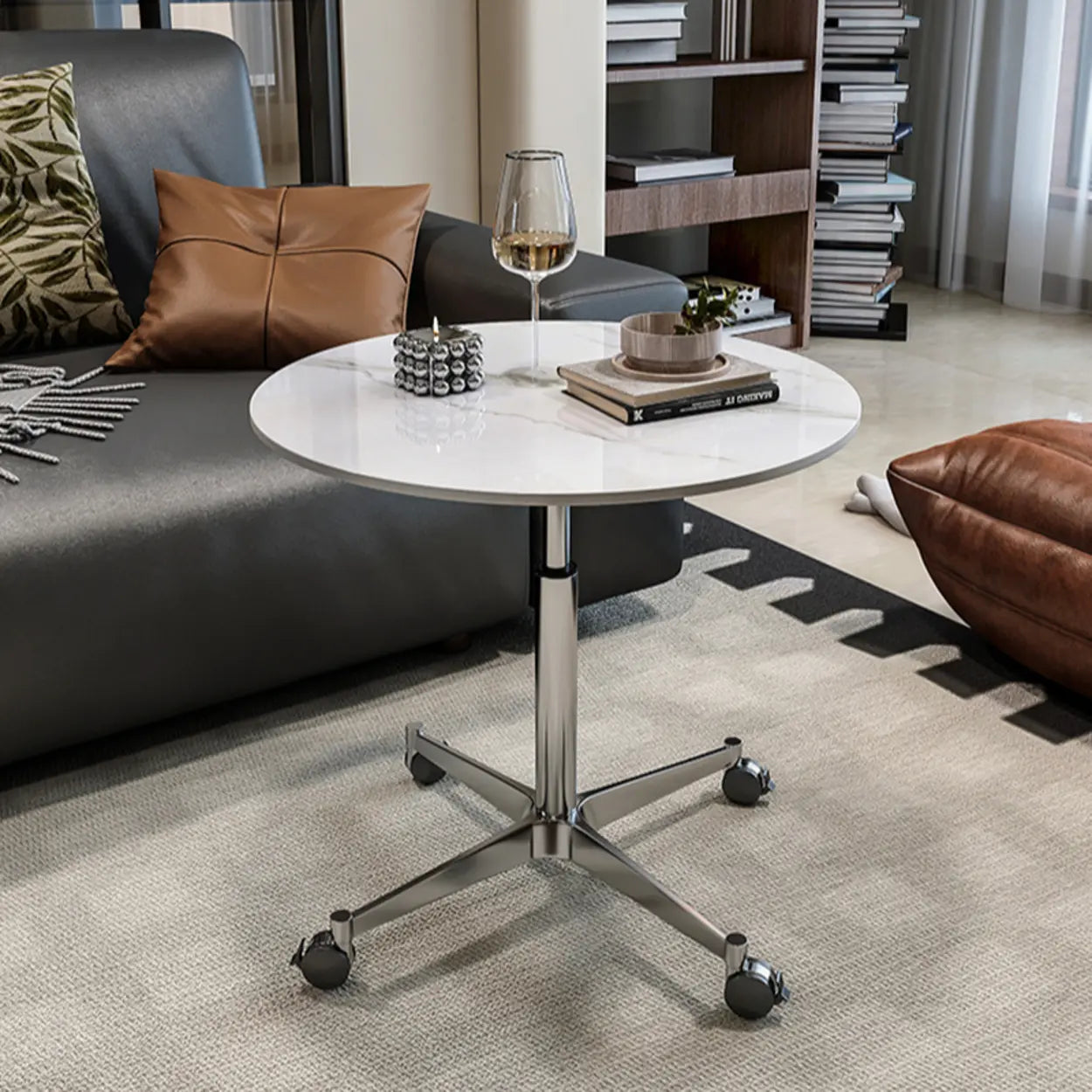 White Round Adjustable Stone Rolling Side Table — Black