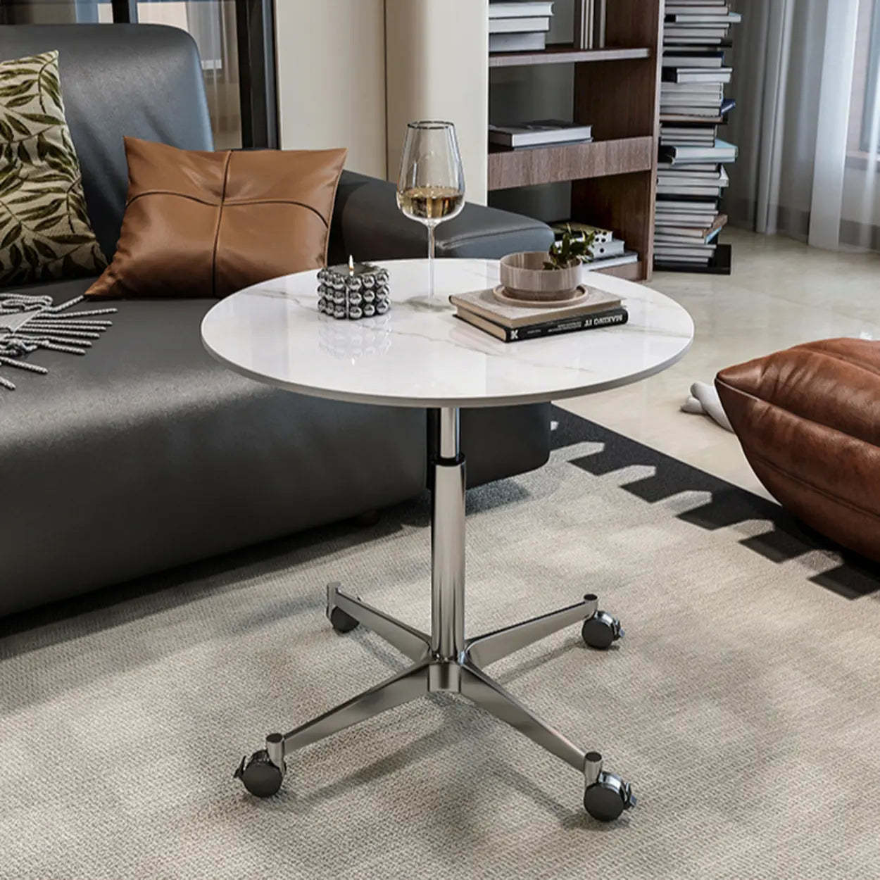 White Round Adjustable Stone Rolling Side Table — Black