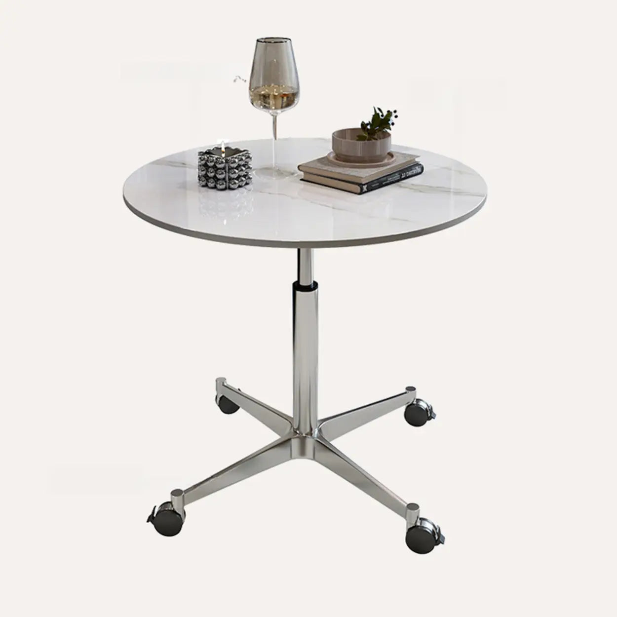 White Round Adjustable Stone Rolling Side Table — White