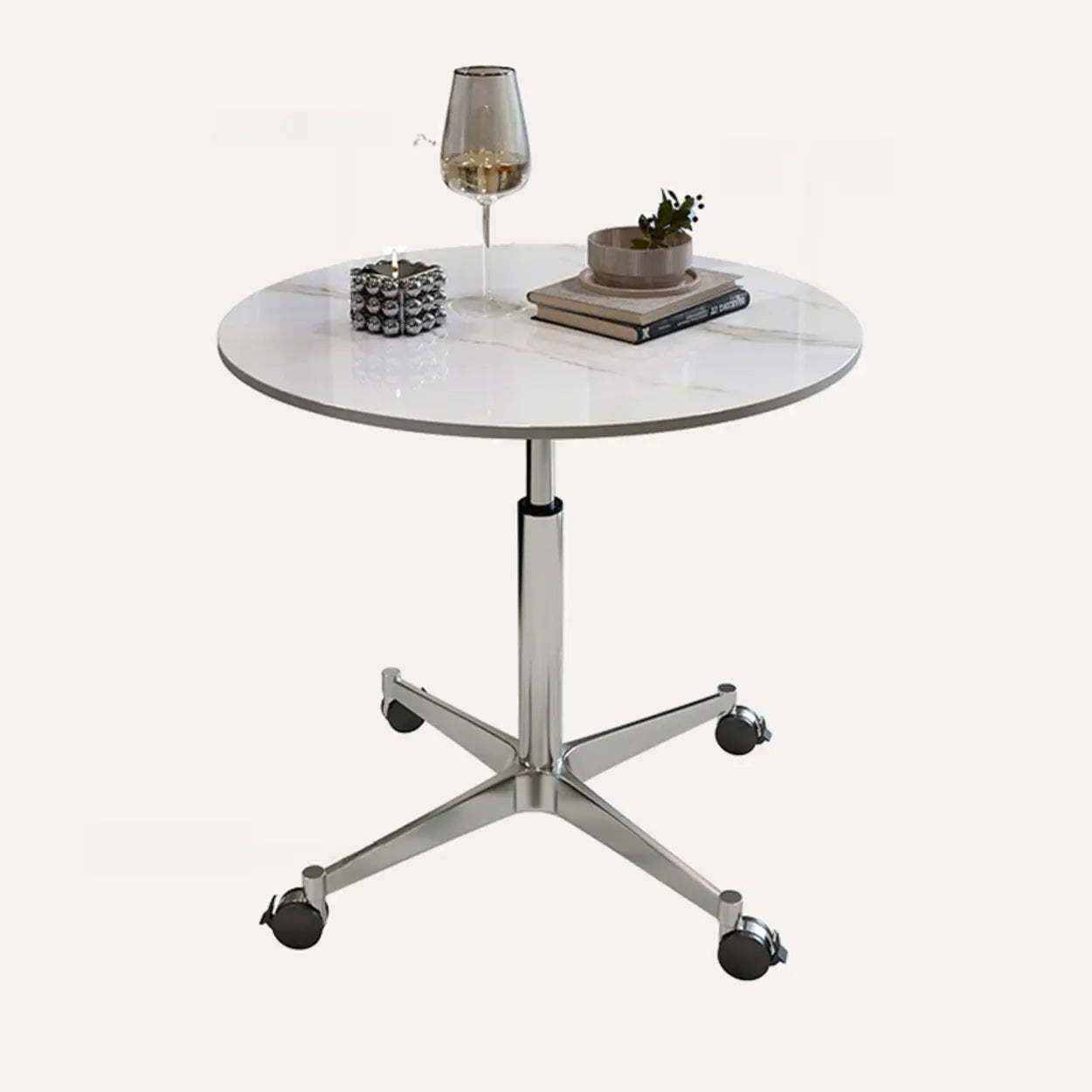 White Round Adjustable Stone Rolling Side Table — White