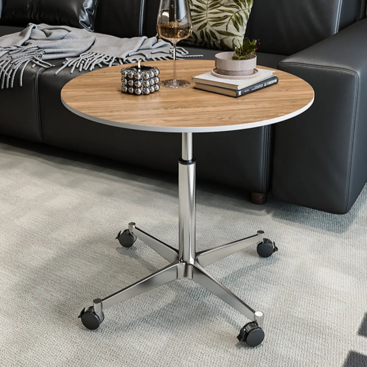 White Round Adjustable Stone Rolling Side Table — Natural Finish
