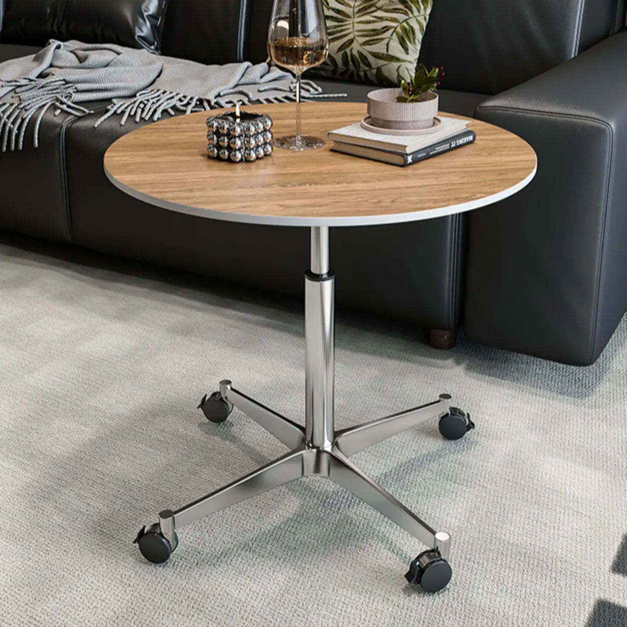 White Round Adjustable Stone Rolling Side Table — Natural Finish