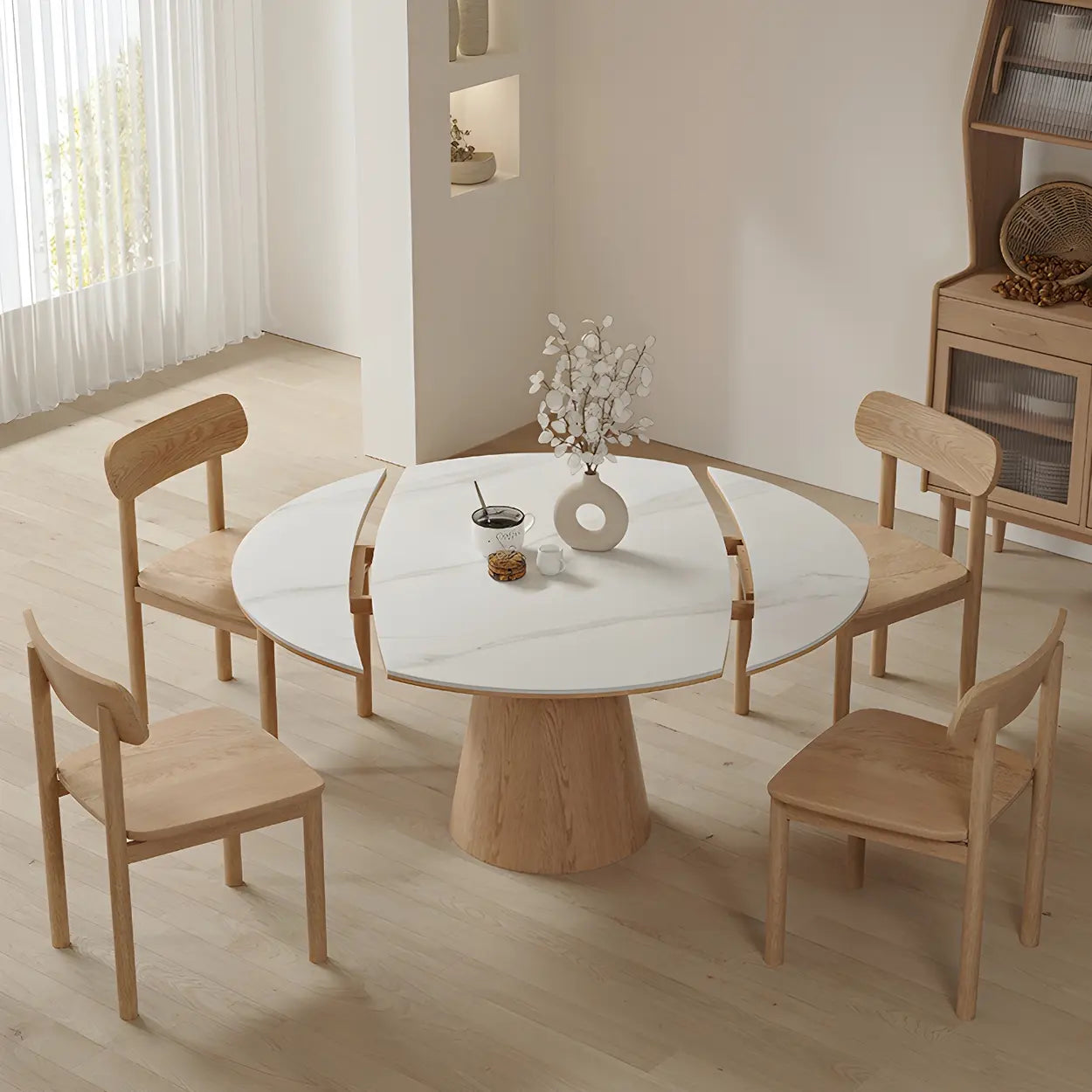 White Round Extendable Stone Wood Pedestal Dining Table — Table Only
