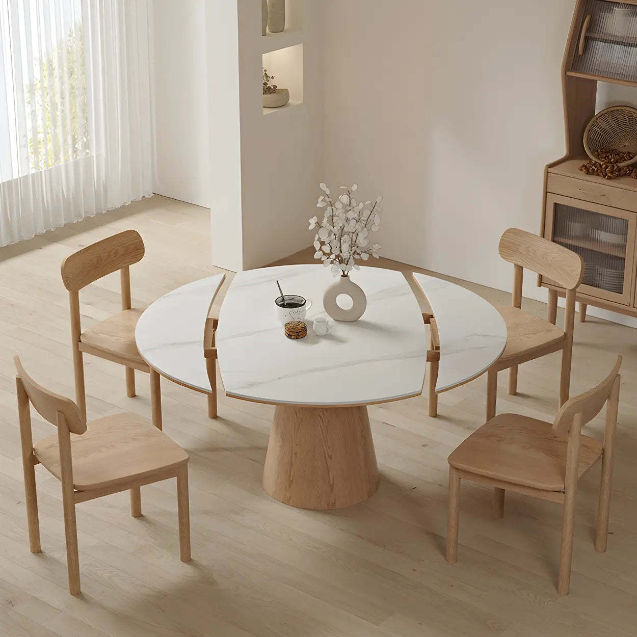 White Round Extendable Stone Wood Pedestal Dining Table — Table Only