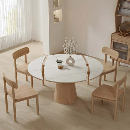 White Round Extendable Stone Wood Pedestal Dining Table — Table Only