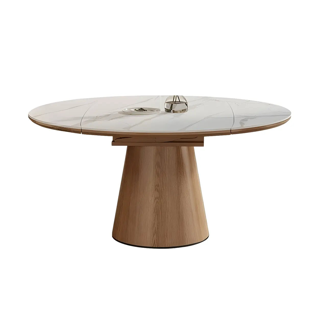 White Round Extendable Stone Wood Pedestal Dining Table — Table Only
