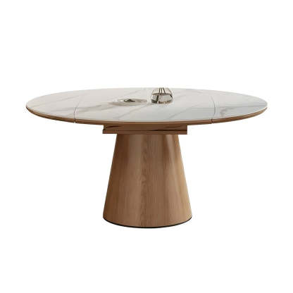White Round Extendable Stone Wood Pedestal Dining Table — Table Only
