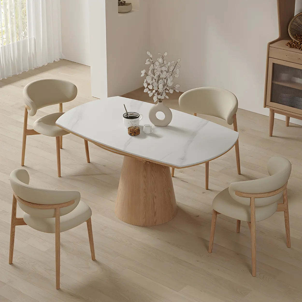 White Round Extendable Stone Wood Pedestal Dining Table — Table Only