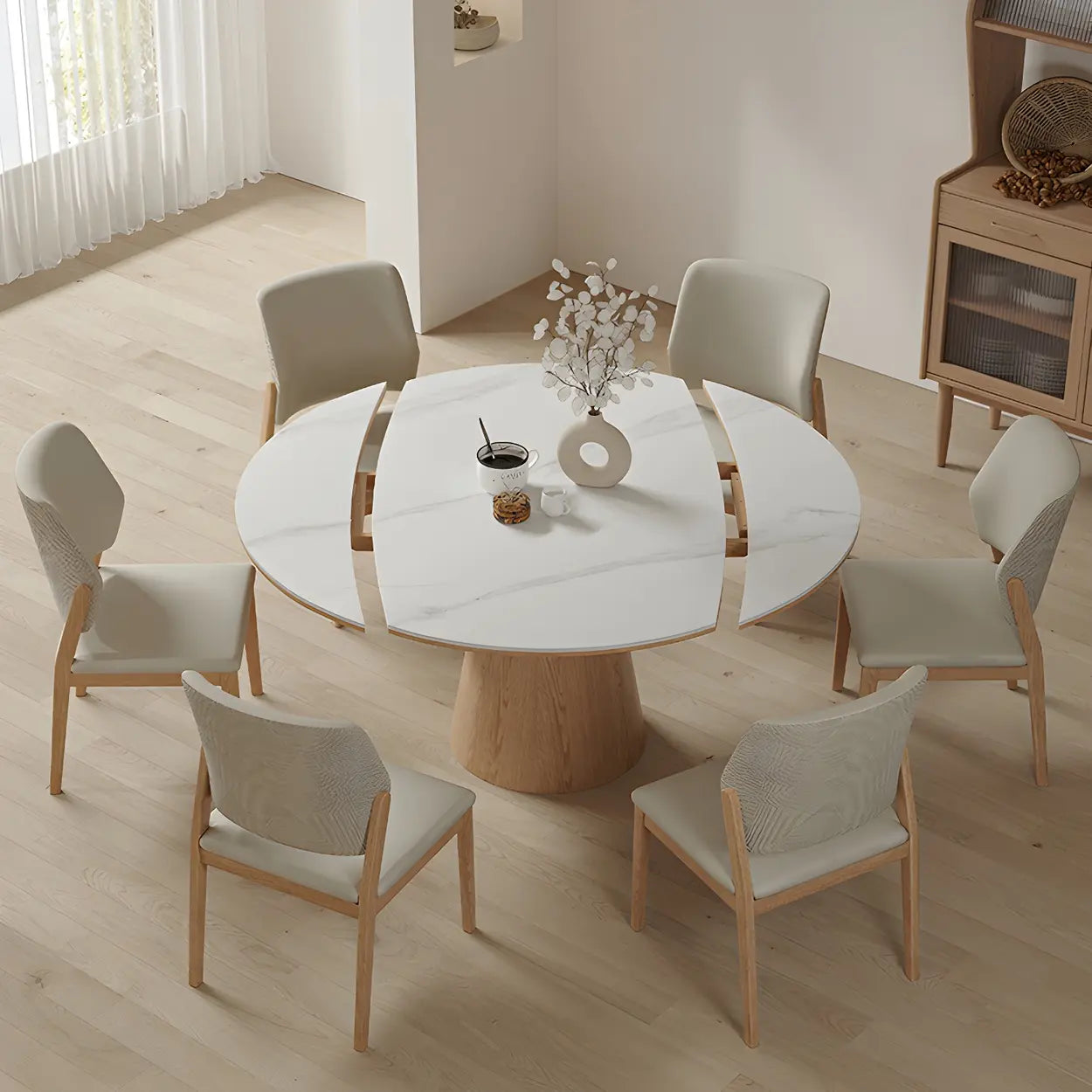 White Round Extendable Stone Wood Pedestal Dining Table — Table Only