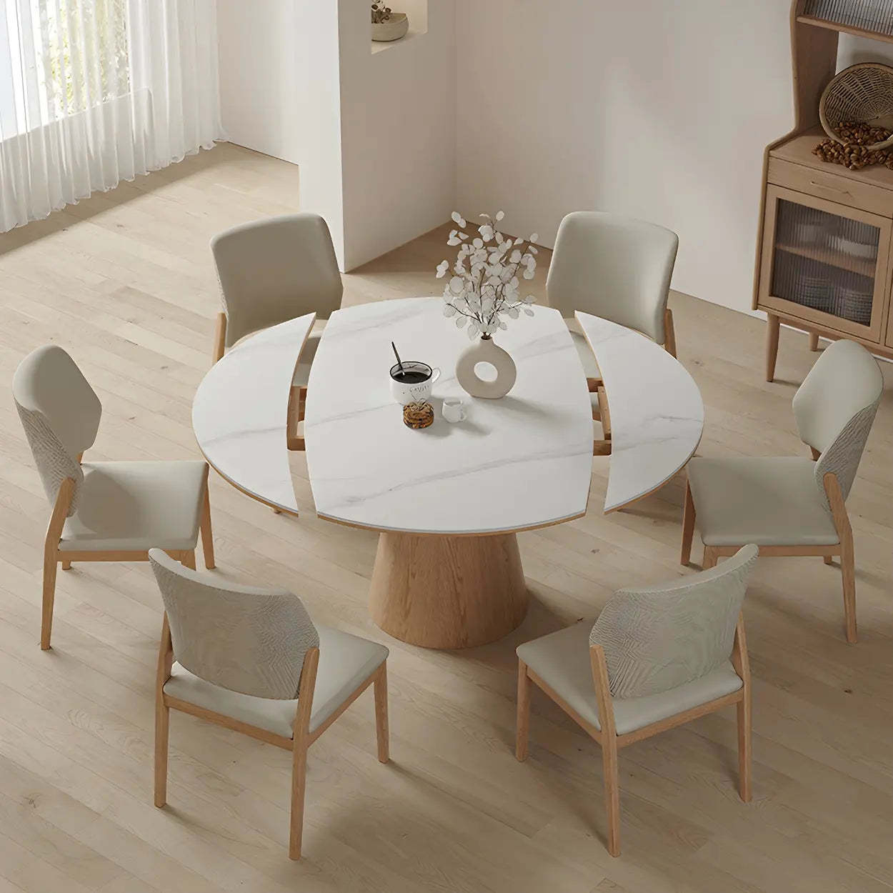 White Round Extendable Stone Wood Pedestal Dining Table — Table Only