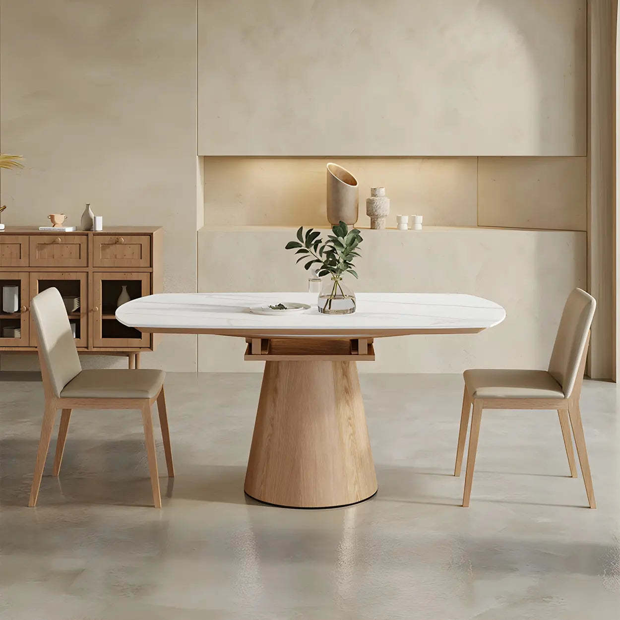 White Round Extendable Stone Wood Pedestal Dining Table