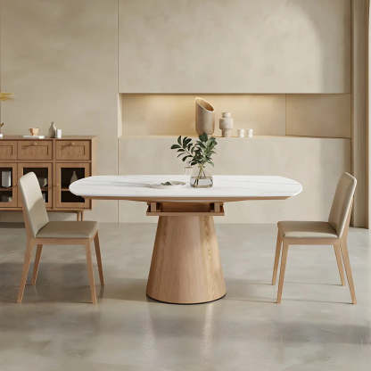 White Round Extendable Stone Wood Pedestal Dining Table