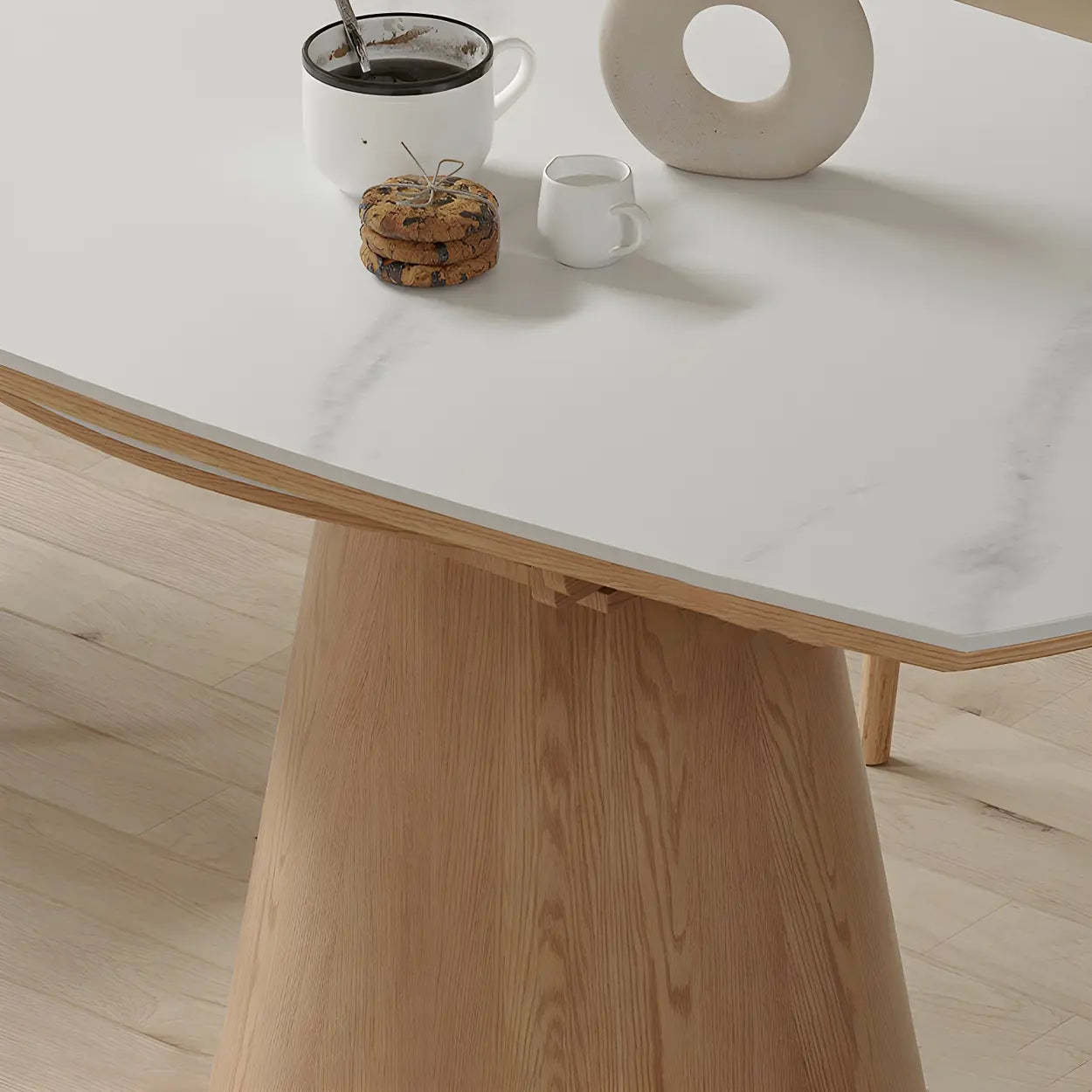 White Round Extendable Stone Wood Pedestal Dining Table