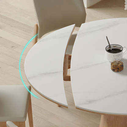 White Round Extendable Stone Wood Pedestal Dining Table