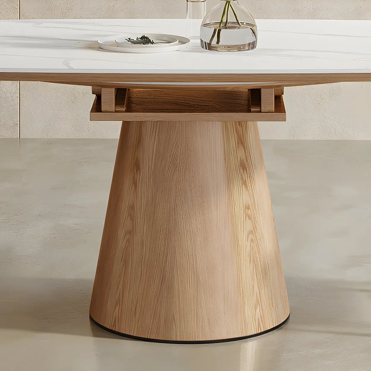 White Round Extendable Stone Wood Pedestal Dining Table