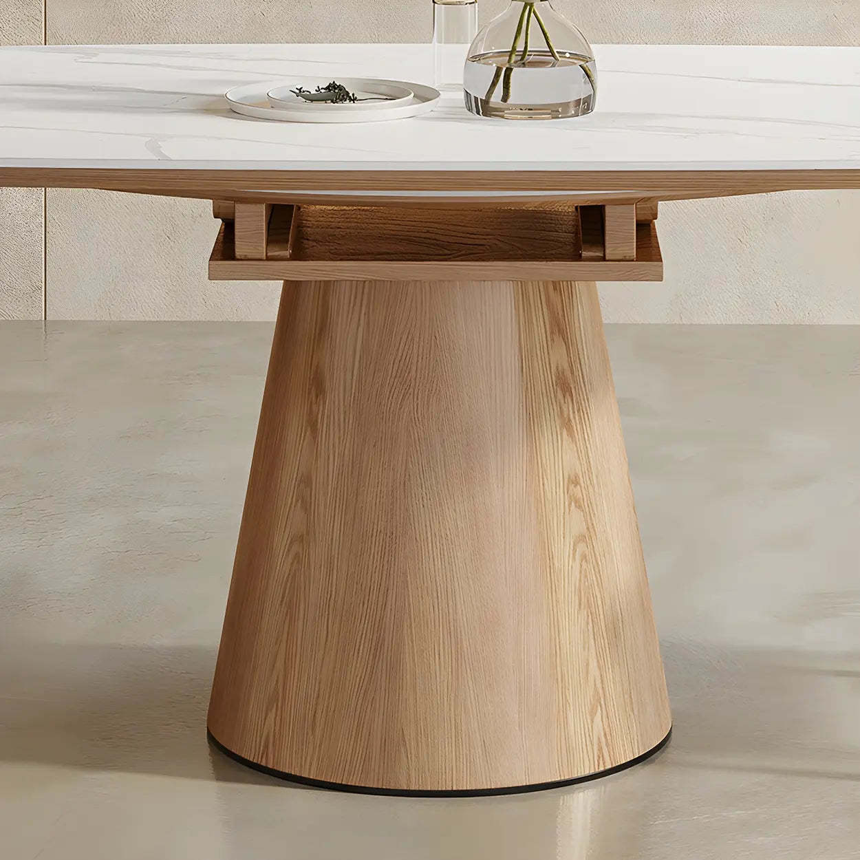 White Round Extendable Stone Wood Pedestal Dining Table