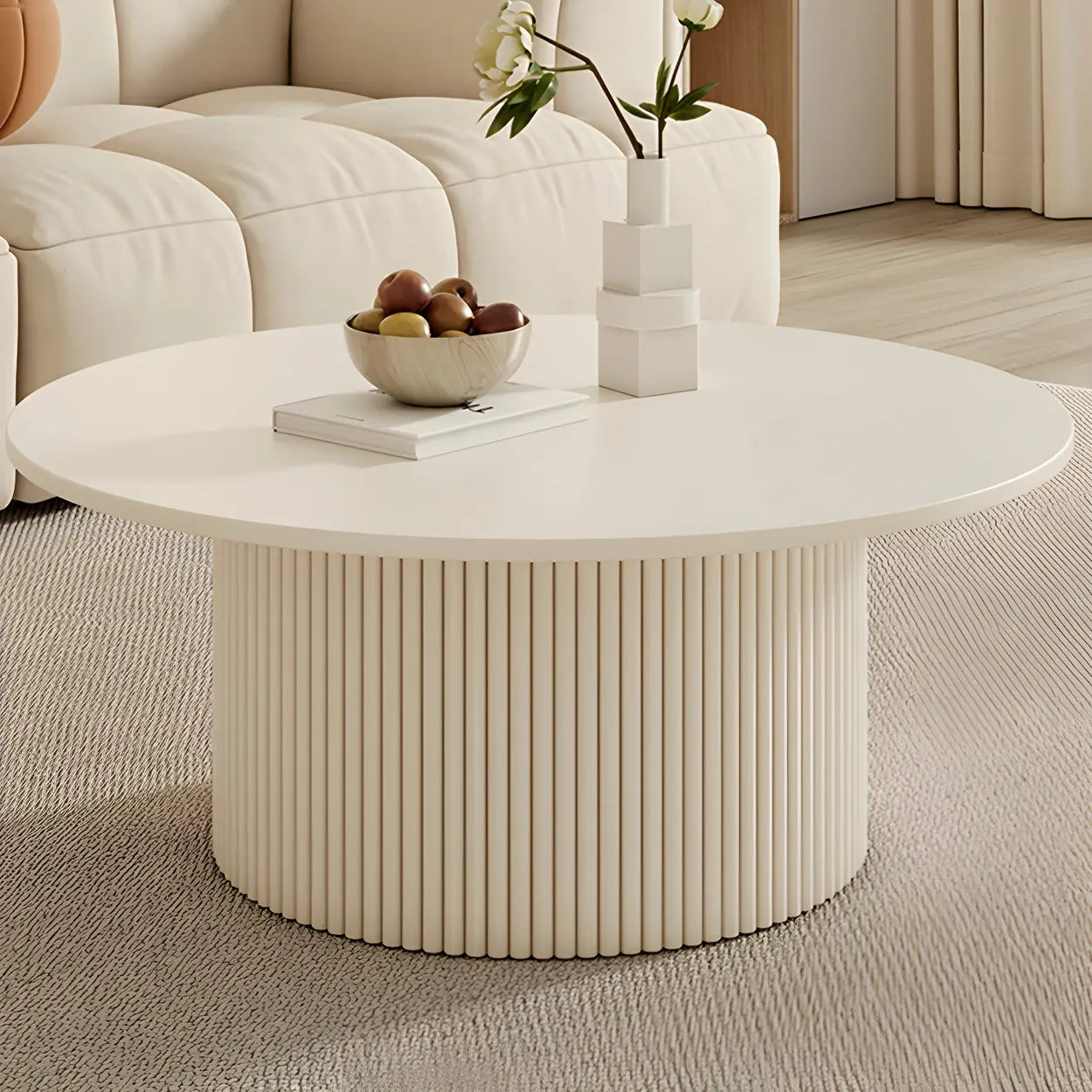 White Round Stone Steel Pedestal Nesting Coffee Tables — Storage Included