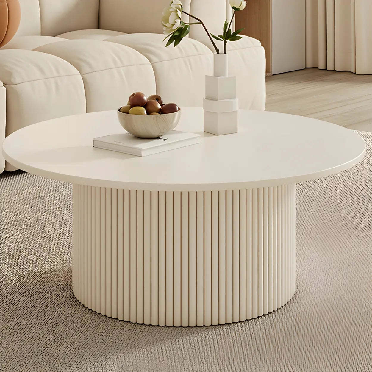 White Round Stone Steel Pedestal Nesting Coffee Tables — Storage Included