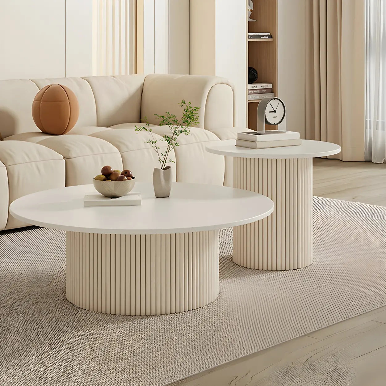 White Round Stone Steel Pedestal Nesting Coffee Tables — Storage Not Included