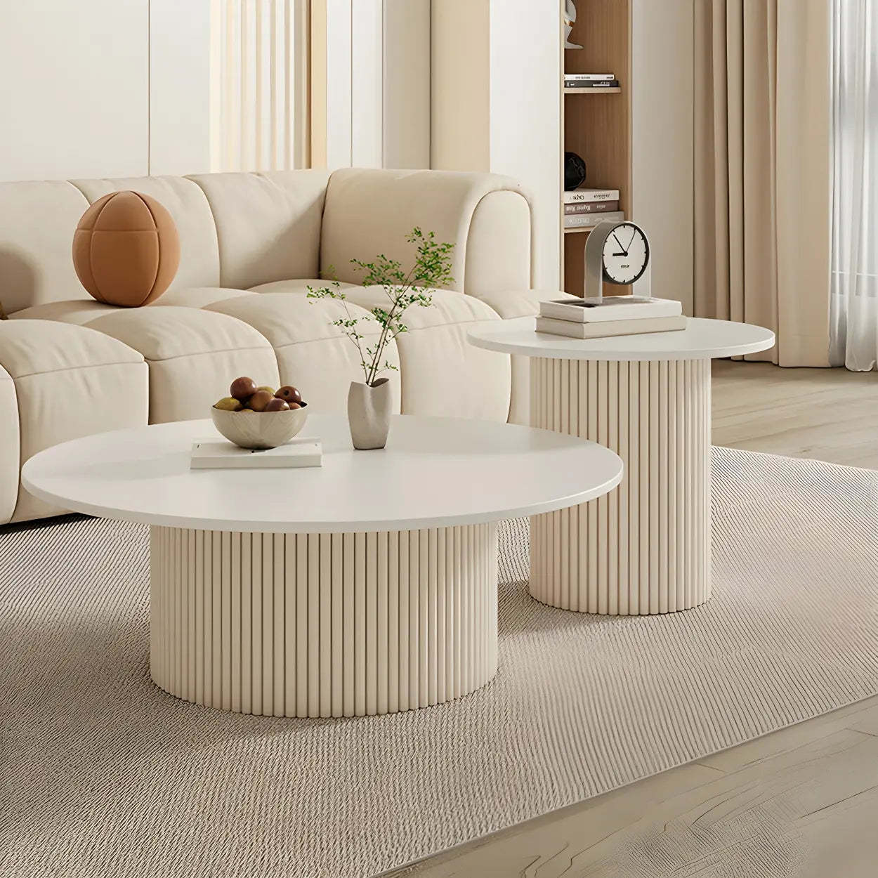 White Round Stone Steel Pedestal Nesting Coffee Tables — Storage Not Included