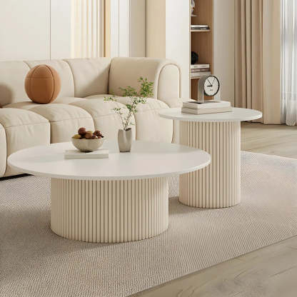 White Round Stone Steel Pedestal Nesting Coffee Tables — Storage Not Included