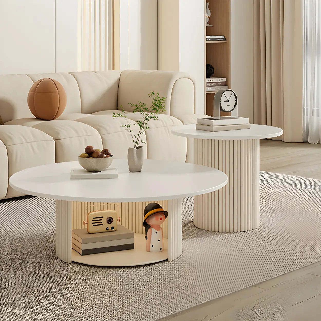 White Round Stone Steel Pedestal Nesting Coffee Tables — Storage Included