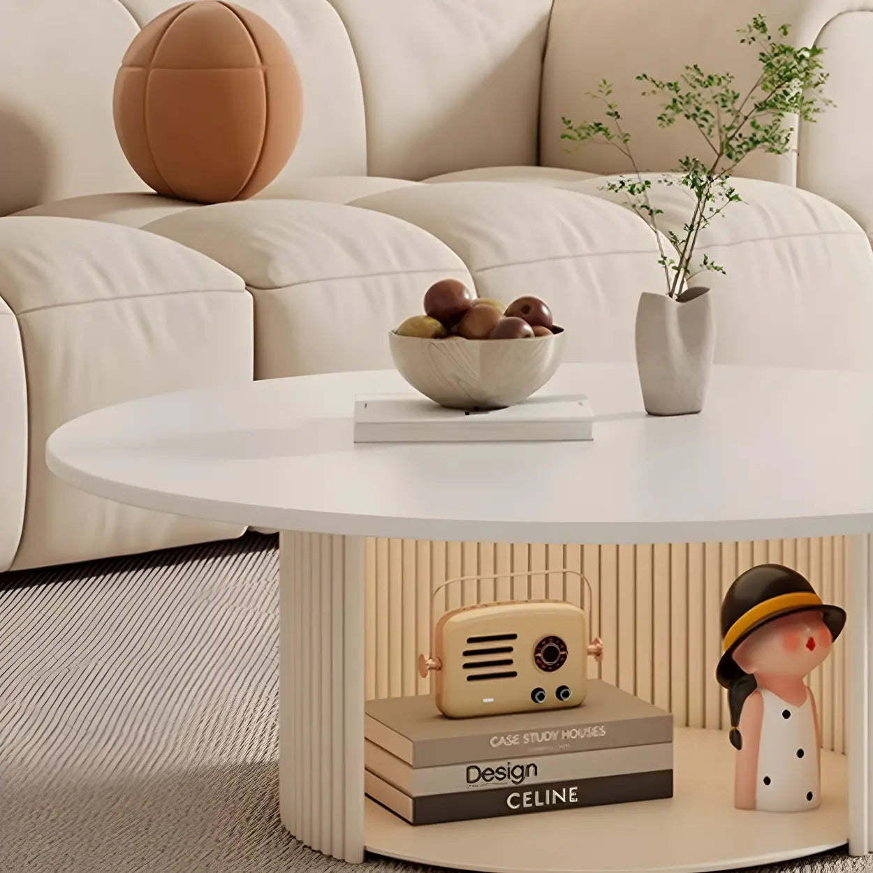 White Round Stone Steel Pedestal Nesting Coffee Tables — Storage Included