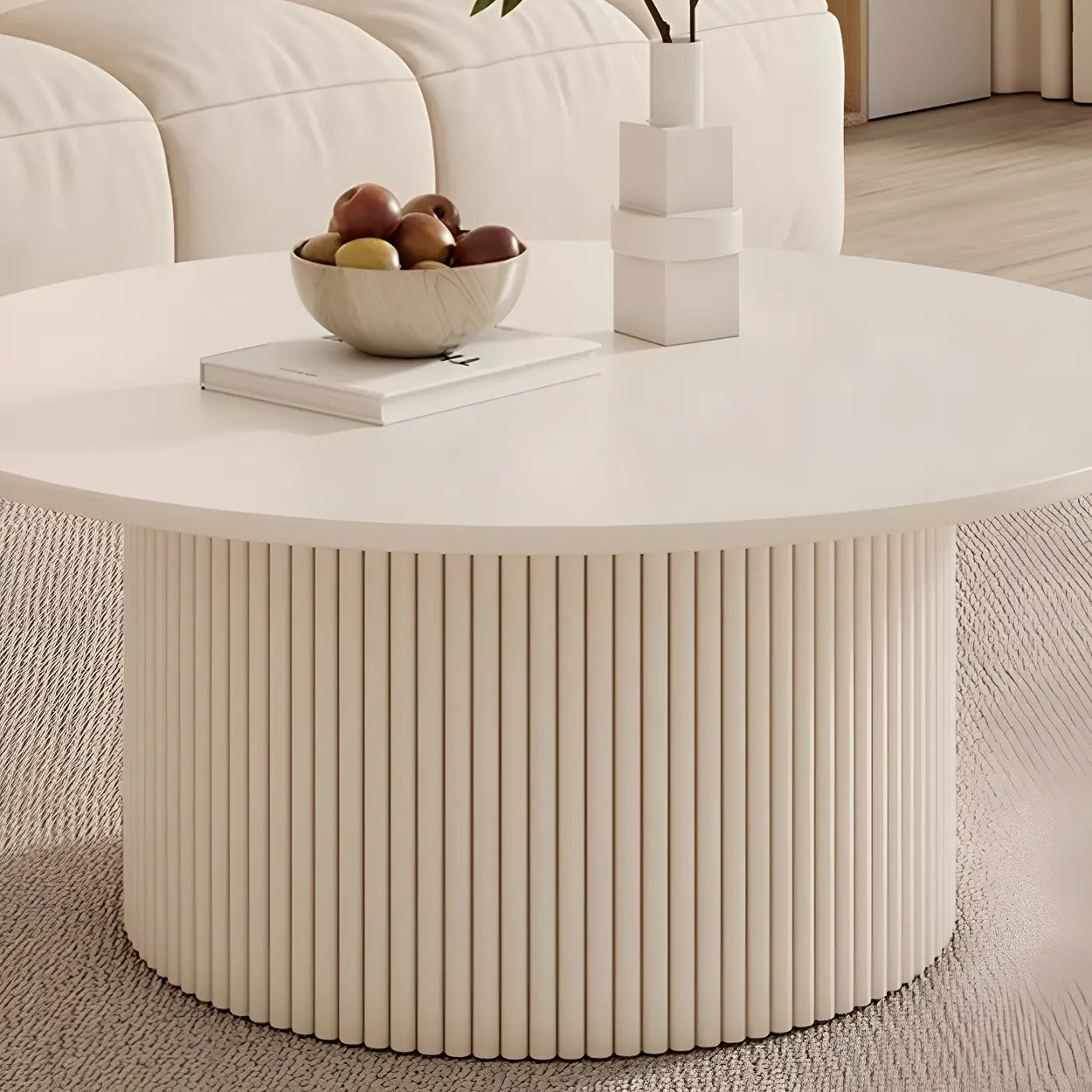White Round Stone Steel Pedestal Nesting Coffee Tables — Storage Not Included