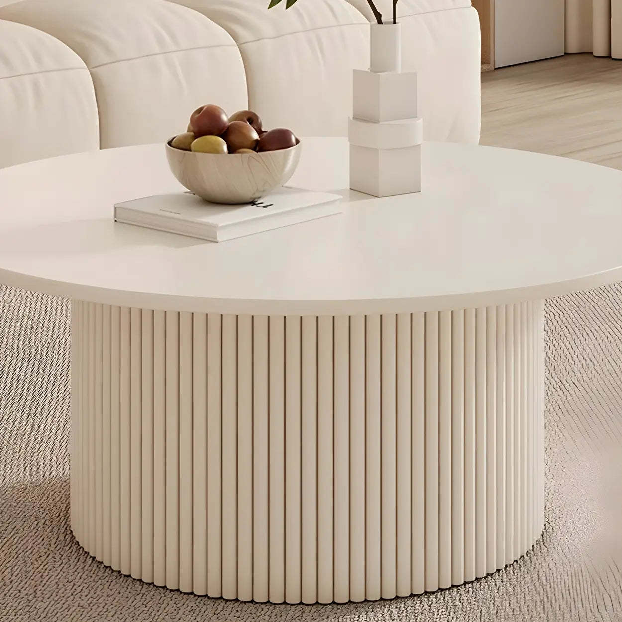 White Round Stone Steel Pedestal Nesting Coffee Tables — Storage Not Included