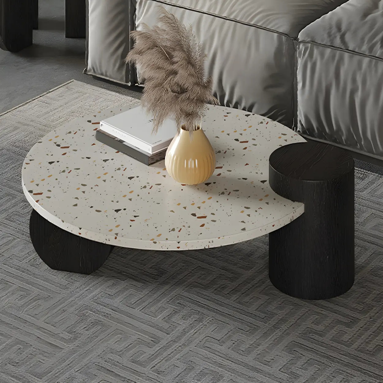 White Round Terrazzo Black Wood Base Coffee Table