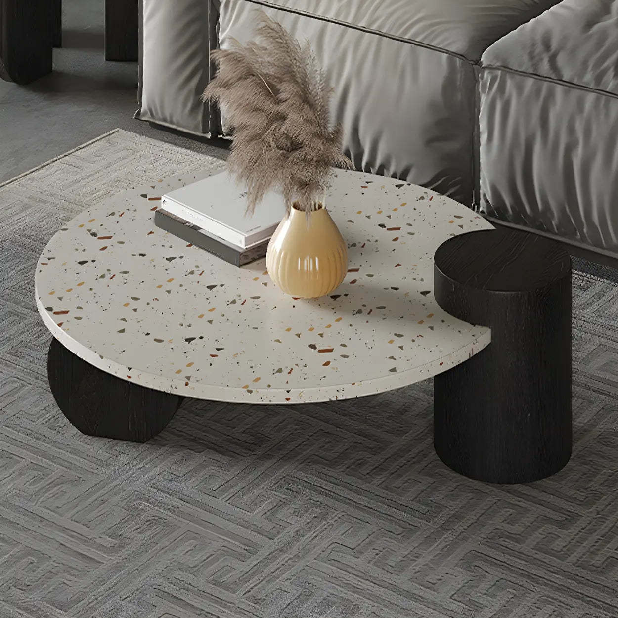 White modern round terrazzo coffee tables — Dia 28" x 14" H / Off-White