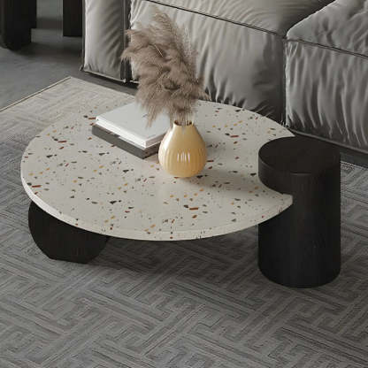 White Round Terrazzo Black Wood Base Coffee Table — White